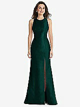 Front View Thumbnail - Evergreen Jewel Neck Bowed Open-Back Trumpet Dress with Front Slit