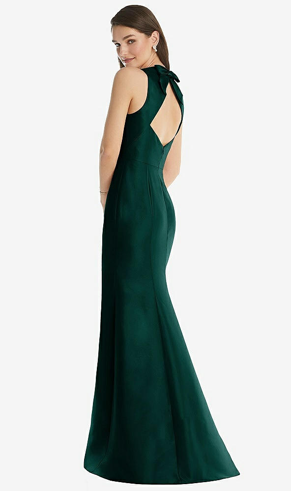 Back View - Evergreen Jewel Neck Bowed Open-Back Trumpet Dress with Front Slit