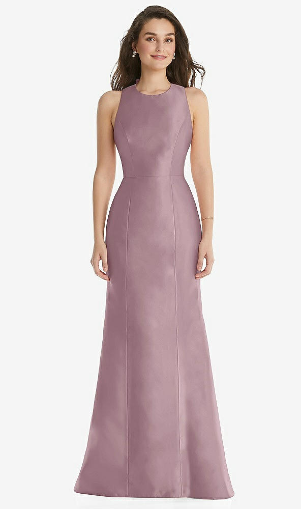 Front View - Dusty Rose Jewel Neck Bowed Open-Back Trumpet Dress 