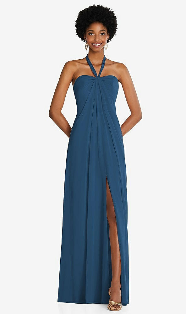 Front View - Dusk Blue Draped Chiffon Grecian Column Gown with Convertible Straps