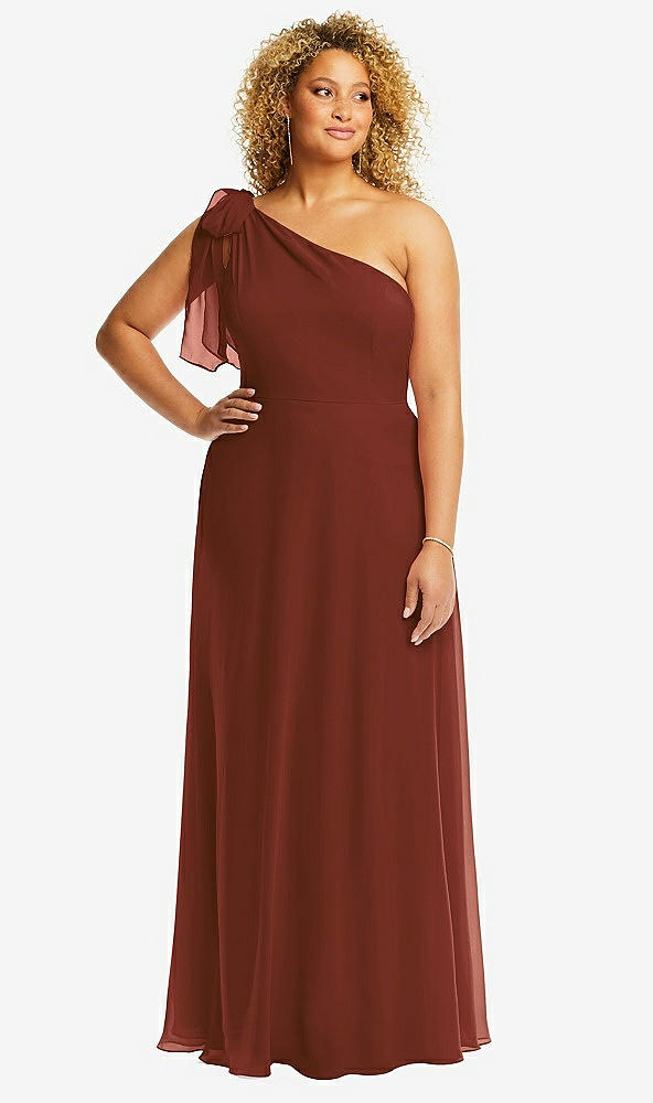 Front View - Auburn Moon Draped One-Shoulder Maxi Dress with Scarf Bow