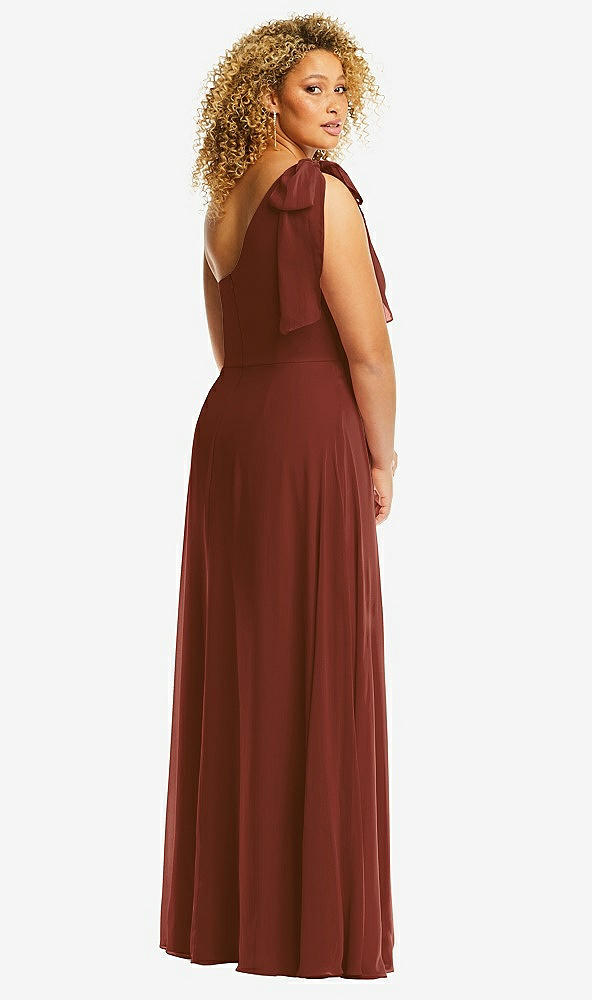 Back View - Auburn Moon Draped One-Shoulder Maxi Dress with Scarf Bow