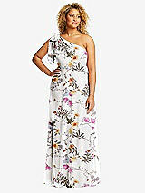 Front View Thumbnail - Butterfly Botanica Ivory Draped One-Shoulder Maxi Dress with Scarf Bow