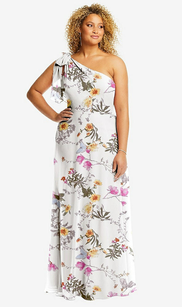 Front View - Butterfly Botanica Ivory Draped One-Shoulder Maxi Dress with Scarf Bow
