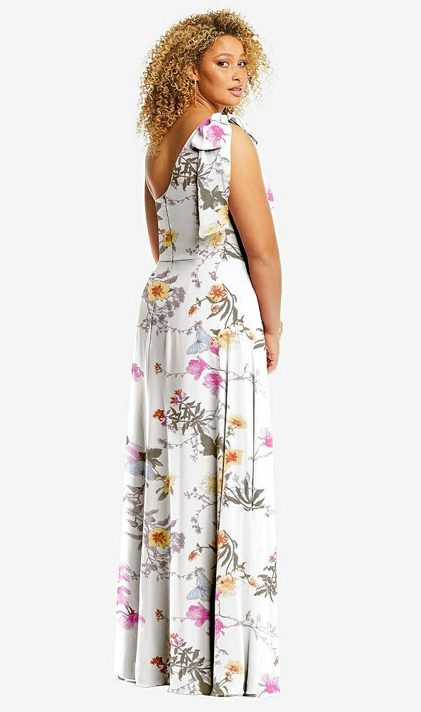 Back View - Butterfly Botanica Ivory Draped One-Shoulder Maxi Dress with Scarf Bow