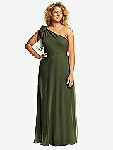 Front View Thumbnail - Olive Green Draped One-Shoulder Maxi Dress with Scarf Bow