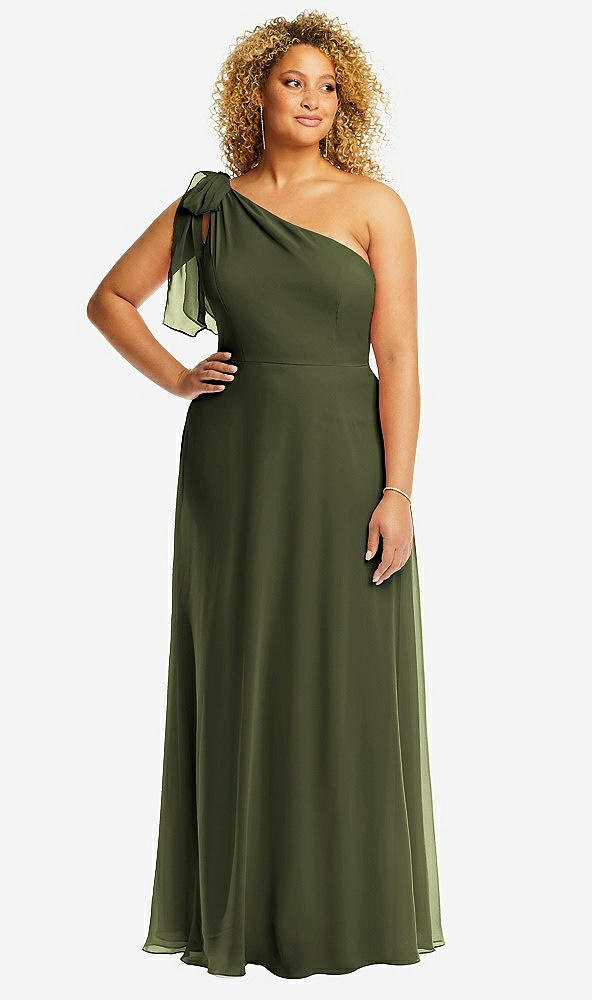 Front View - Olive Green Draped One-Shoulder Maxi Dress with Scarf Bow