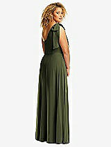 Rear View Thumbnail - Olive Green Draped One-Shoulder Maxi Dress with Scarf Bow