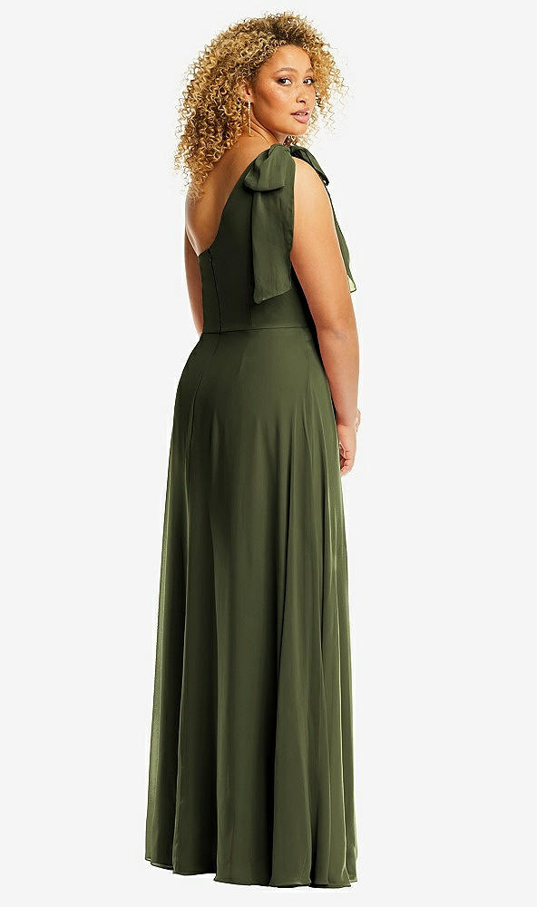 Back View - Olive Green Draped One-Shoulder Maxi Dress with Scarf Bow