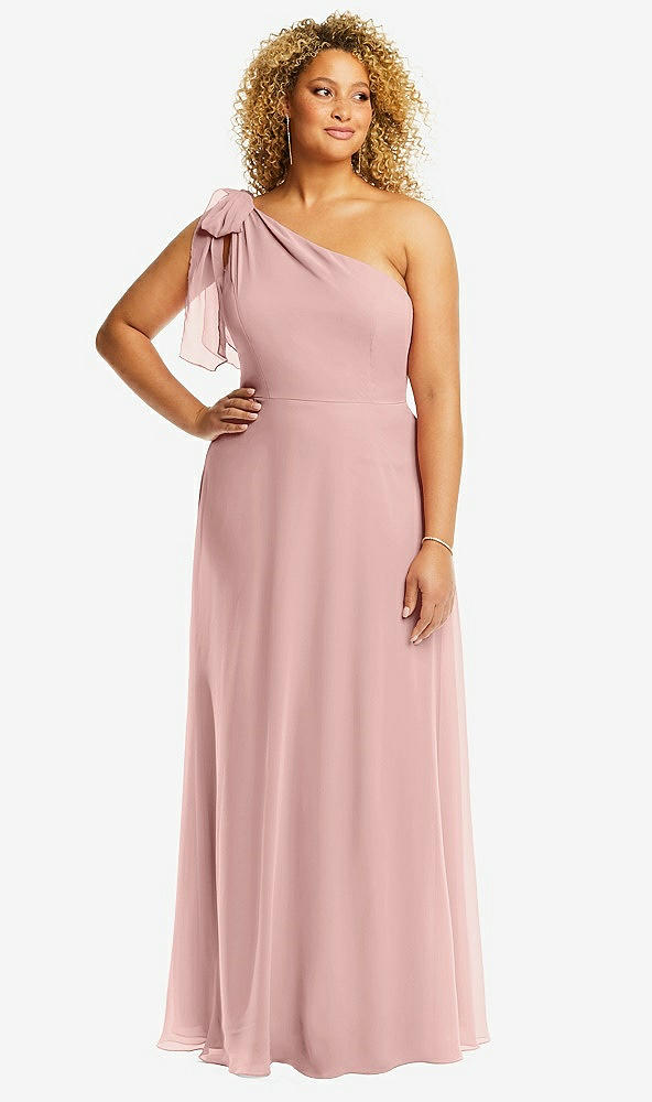 Front View - Rose - PANTONE Rose Quartz Draped One-Shoulder Maxi Dress with Scarf Bow