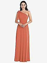 Alt View 1 Thumbnail - Terracotta Copper Draped One-Shoulder Maxi Dress with Scarf Bow