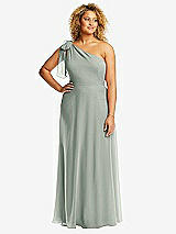 Front View Thumbnail - Willow Green Draped One-Shoulder Maxi Dress with Scarf Bow