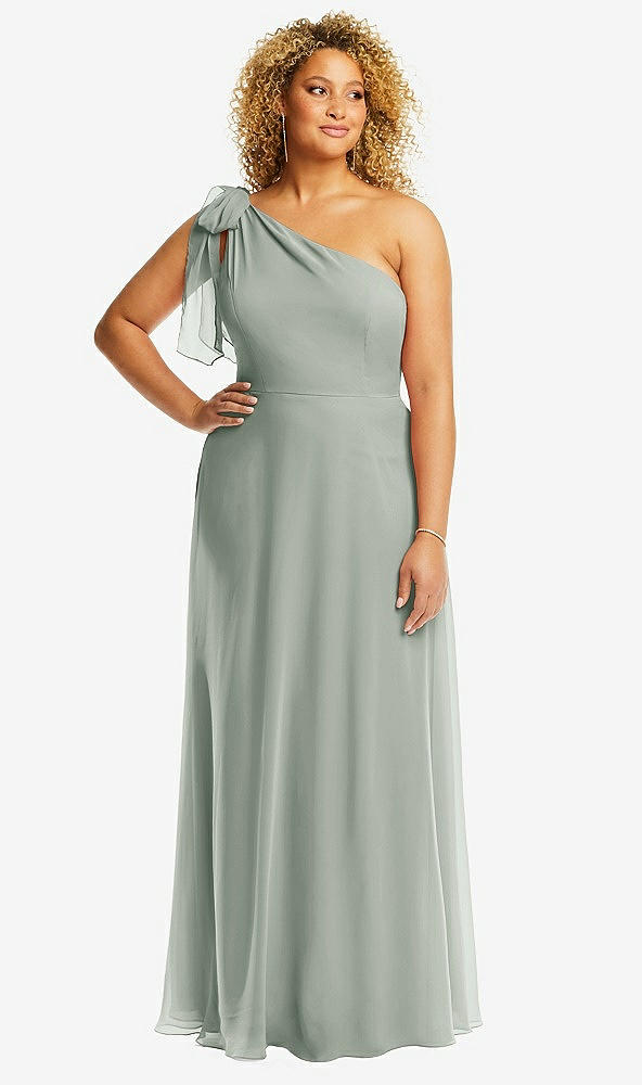 Front View - Willow Green Draped One-Shoulder Maxi Dress with Scarf Bow