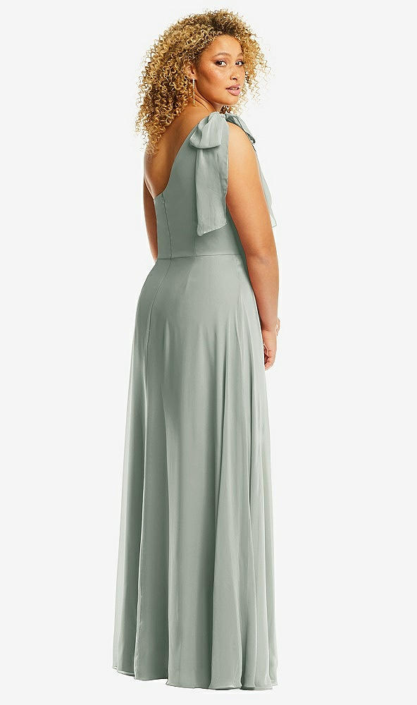 Back View - Willow Green Draped One-Shoulder Maxi Dress with Scarf Bow