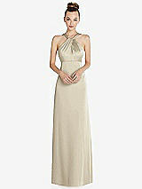 Front View Thumbnail - Champagne Draped Twist Halter Low-Back Satin Empire Dress