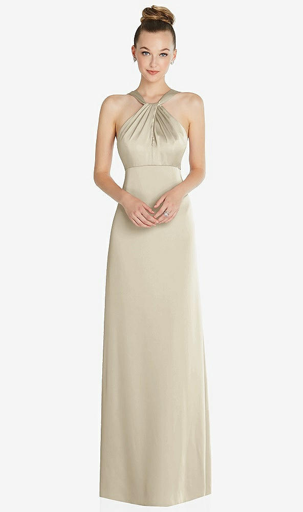 Front View - Champagne Draped Twist Halter Low-Back Satin Empire Dress