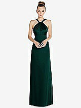 Front View Thumbnail - Evergreen Draped Twist Halter Low-Back Satin Empire Dress