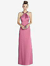 Front View Thumbnail - Orchid Pink Draped Twist Halter Low-Back Satin Empire Dress