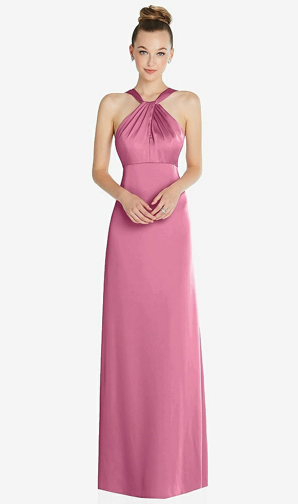 Front View - Orchid Pink Draped Twist Halter Low-Back Satin Empire Dress