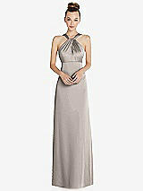 Front View Thumbnail - Taupe Draped Twist Halter Low-Back Satin Empire Dress