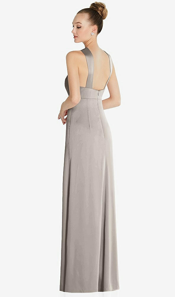 Back View - Taupe Draped Twist Halter Low-Back Satin Empire Dress
