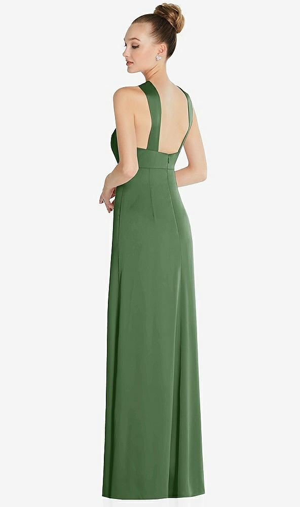 Back View - Vineyard Green Draped Twist Halter Low-Back Satin Empire Dress