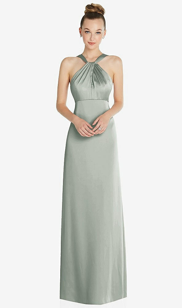 Front View - Willow Green Draped Twist Halter Low-Back Satin Empire Dress
