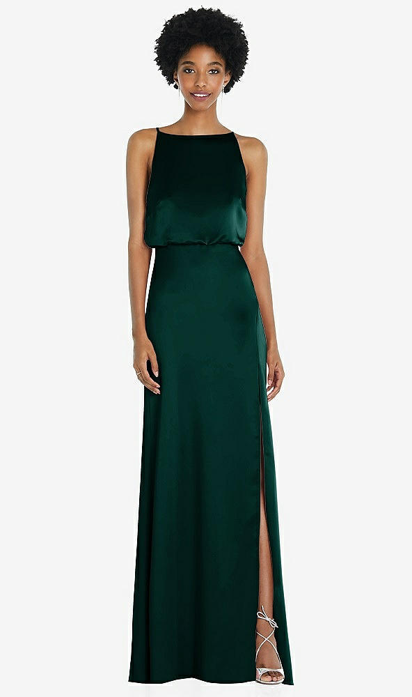 Back View - Evergreen High-Neck Low Tie-Back Maxi Dress with Adjustable Straps