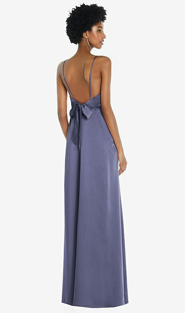 Front View - French Blue High-Neck Low Tie-Back Maxi Dress with Adjustable Straps