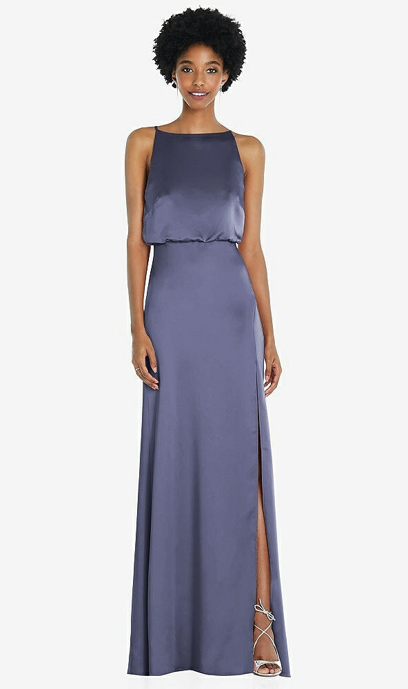 Back View - French Blue High-Neck Low Tie-Back Maxi Dress with Adjustable Straps