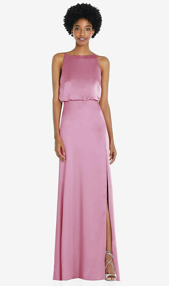 Back View - Powder Pink High-Neck Low Tie-Back Maxi Dress with Adjustable Straps