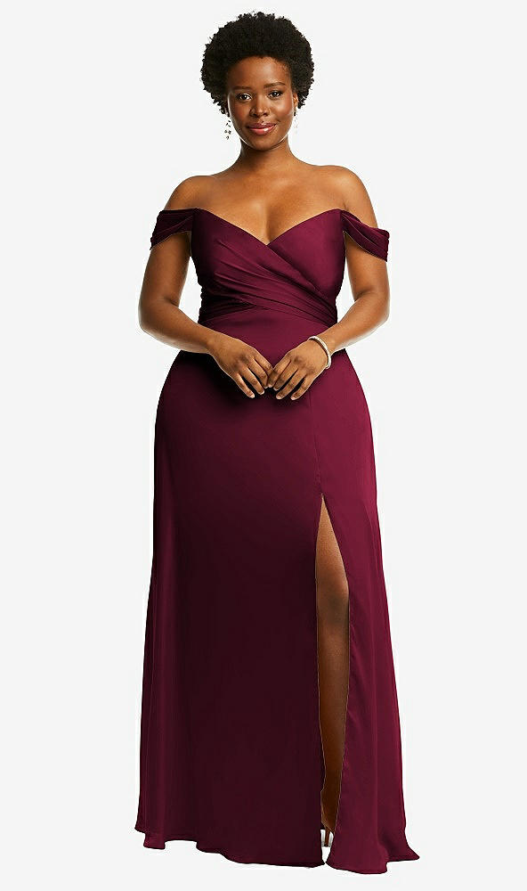 Front View - Cabernet Off-the-Shoulder Flounce Sleeve Empire Waist Gown with Front Slit