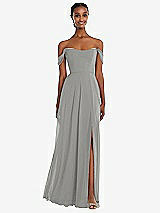 Front View Thumbnail - Chelsea Gray Off-the-Shoulder Basque Neck Maxi Dress with Flounce Sleeves