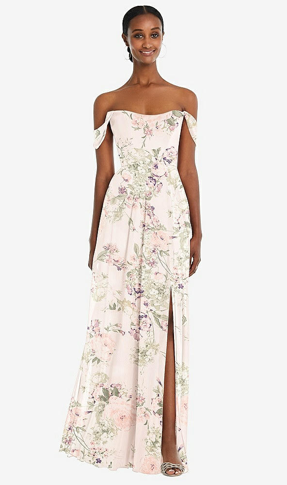 Front View - Blush Garden Off-the-Shoulder Basque Neck Maxi Dress with Flounce Sleeves