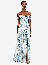Front View Thumbnail - Cottage Rose Dusk Blue Off-the-Shoulder Basque Neck Maxi Dress with Flounce Sleeves