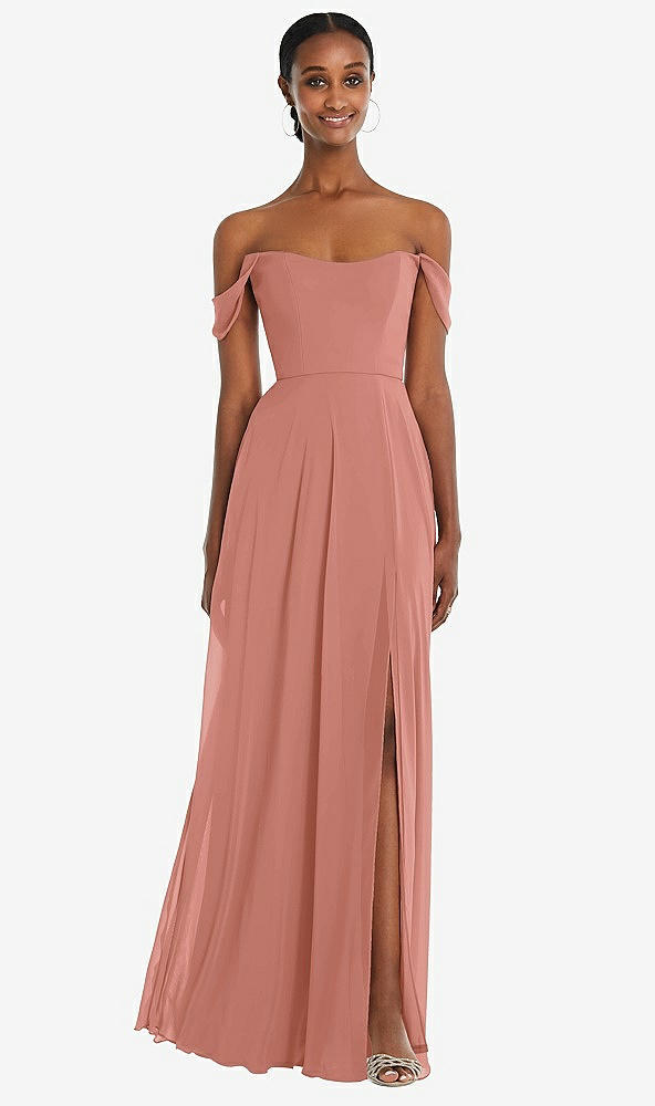 Front View - Desert Rose Off-the-Shoulder Basque Neck Maxi Dress with Flounce Sleeves