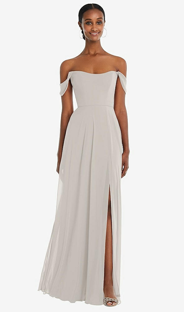 Front View - Oyster Off-the-Shoulder Basque Neck Maxi Dress with Flounce Sleeves