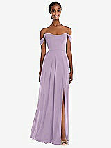 Front View Thumbnail - Pale Purple Off-the-Shoulder Basque Neck Maxi Dress with Flounce Sleeves