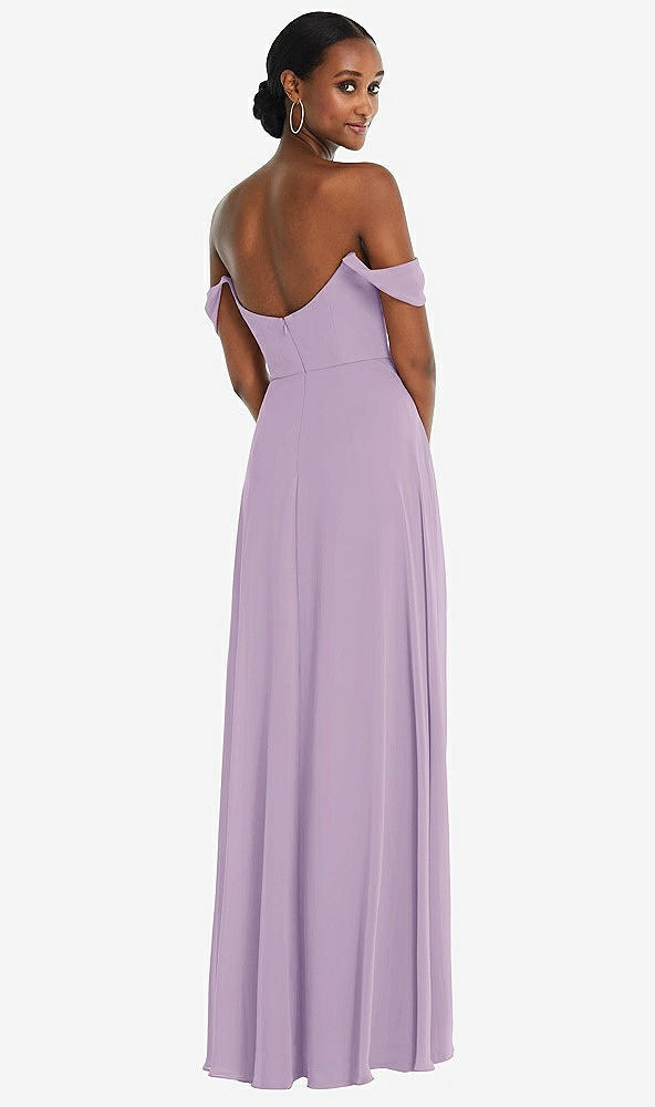 Back View - Pale Purple Off-the-Shoulder Basque Neck Maxi Dress with Flounce Sleeves