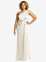Front View Thumbnail - Ivory One-Shoulder Draped Twist Empire Waist Trumpet Gown