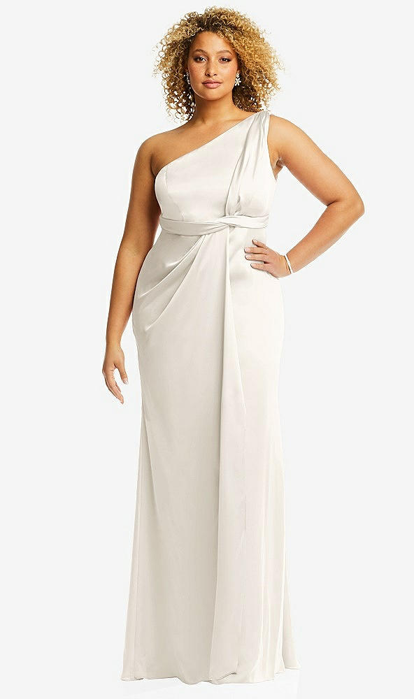 Front View - Ivory One-Shoulder Draped Twist Empire Waist Trumpet Gown