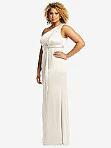 Side View Thumbnail - Ivory One-Shoulder Draped Twist Empire Waist Trumpet Gown