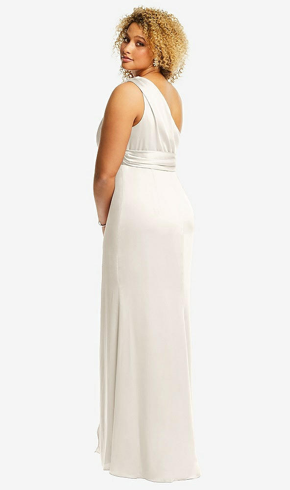 Back View - Ivory One-Shoulder Draped Twist Empire Waist Trumpet Gown