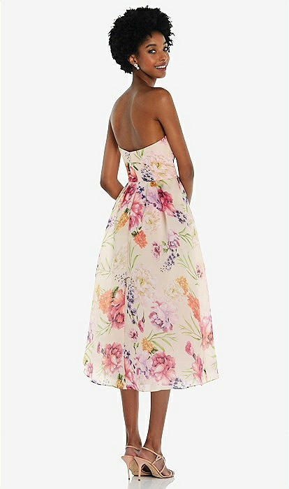 Strapless Pink Floral Organdy Midi Bridesmaid Dress In Penelope