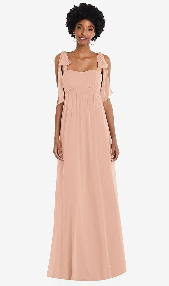 Front View - Pale Peach Convertible Tie-Shoulder Empire Waist Maxi Dress