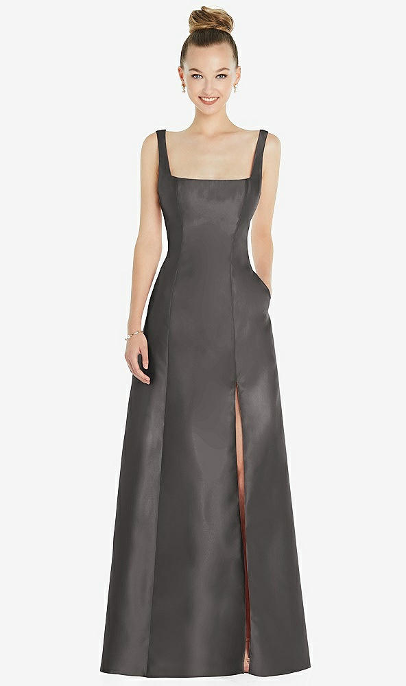 Front View - Caviar Gray Sleeveless Square-Neck Princess Line Gown with Pockets