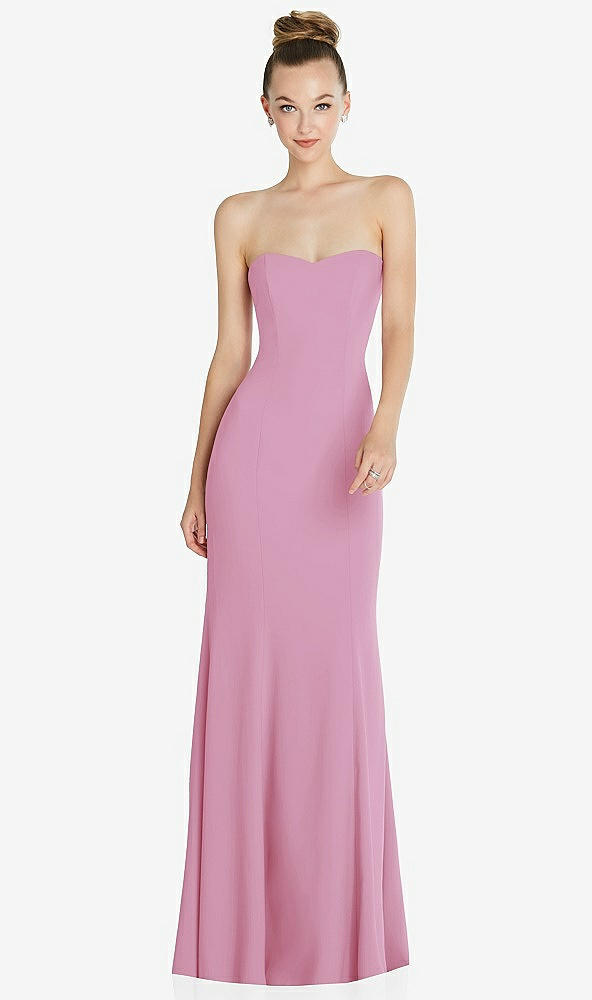 Front View - Powder Pink Strapless Princess Line Crepe Mermaid Gown
