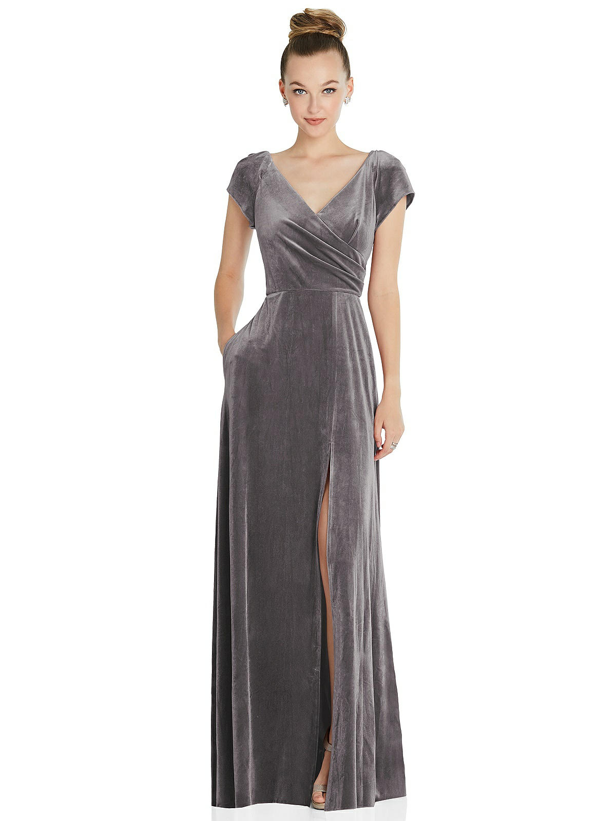 Cap Sleeve Faux Wrap Velvet Maxi Bridesmaid Dress With Pockets In