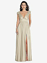 Front View Thumbnail - Champagne Deep V-Neck Ruffle Cap Sleeve Maxi Dress with Convertible Straps