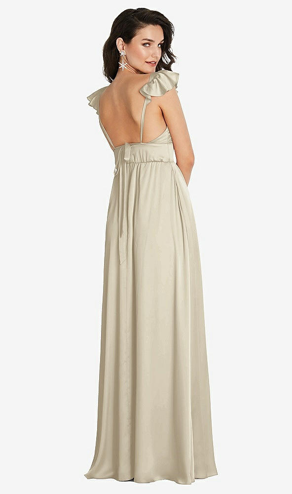 Back View - Champagne Deep V-Neck Ruffle Cap Sleeve Maxi Dress with Convertible Straps